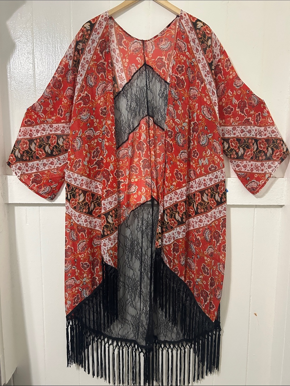 Red Floral Fringe Kimono Cardigan